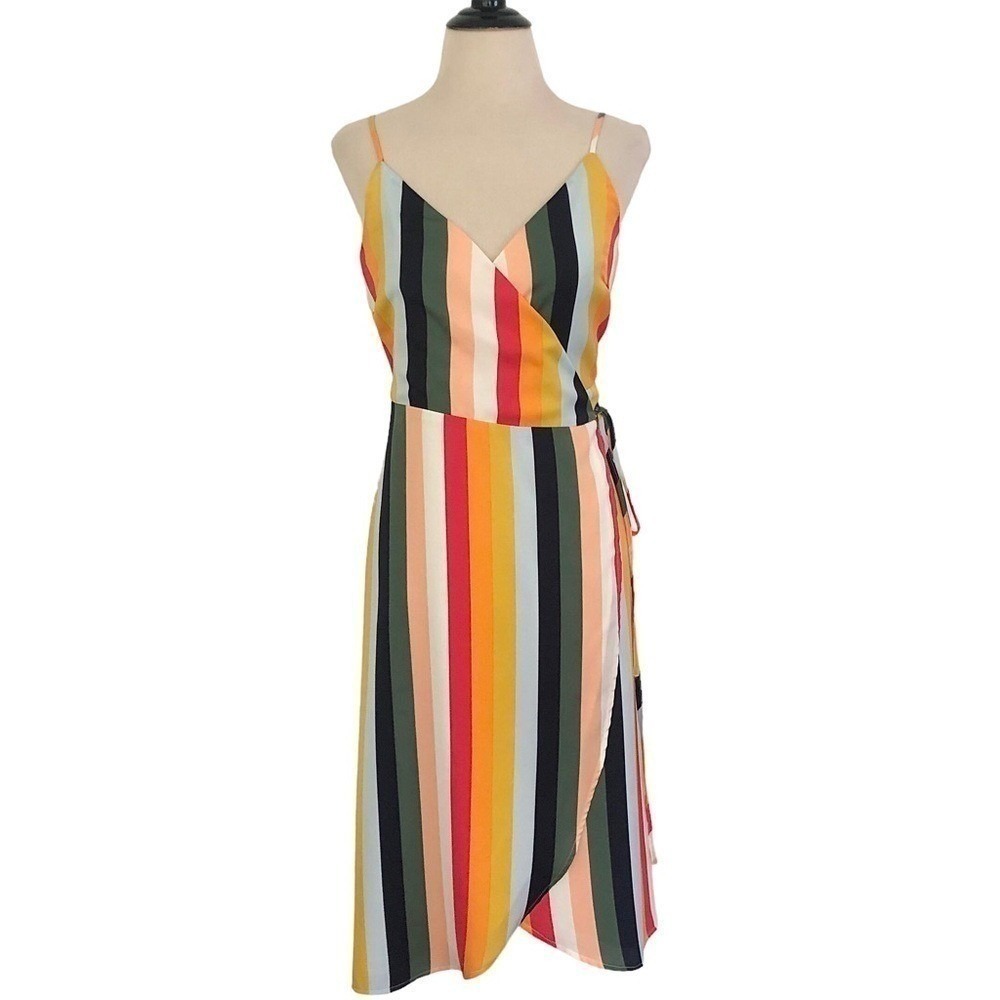 CUPCAKES AND CASHMERE Stella Sun DRESS S Rainbow Stripe Wrap Midi Colorful Bold